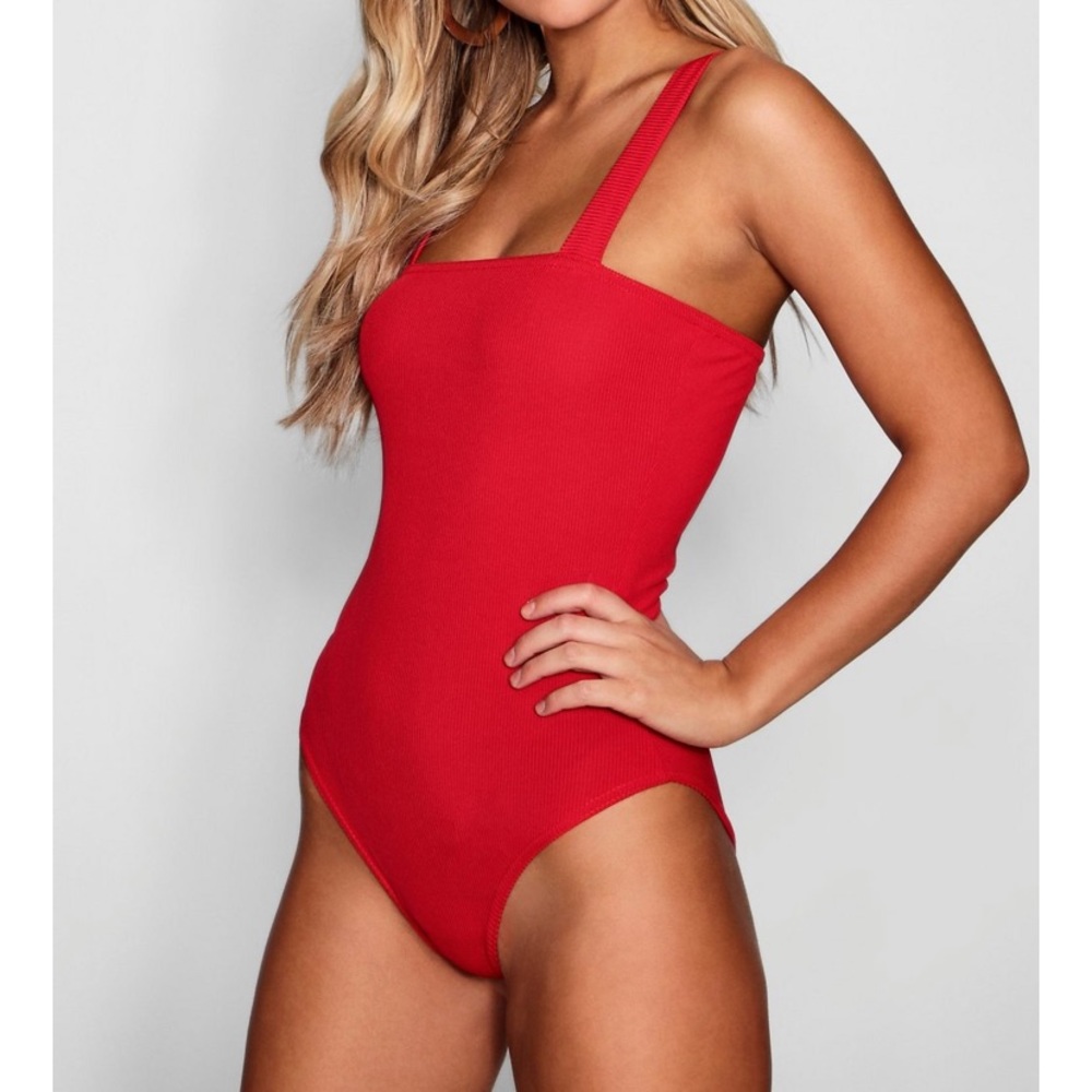 NWT Boohoo Red Rib Square Neck Bodysuit